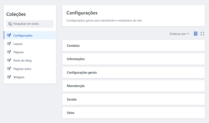 Coleção Configurações no editor da loja